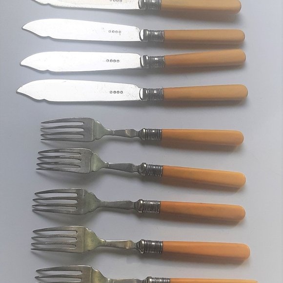 VTG Antique French Ivory Celluloid Handle Silver Plate Forks & Knieves Set of 12 - Picture 4 of 10